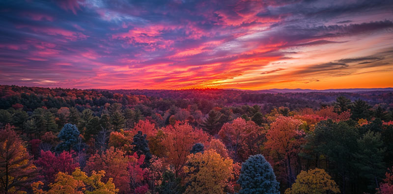 a beautiful sunset over an autumn forest in the mountains