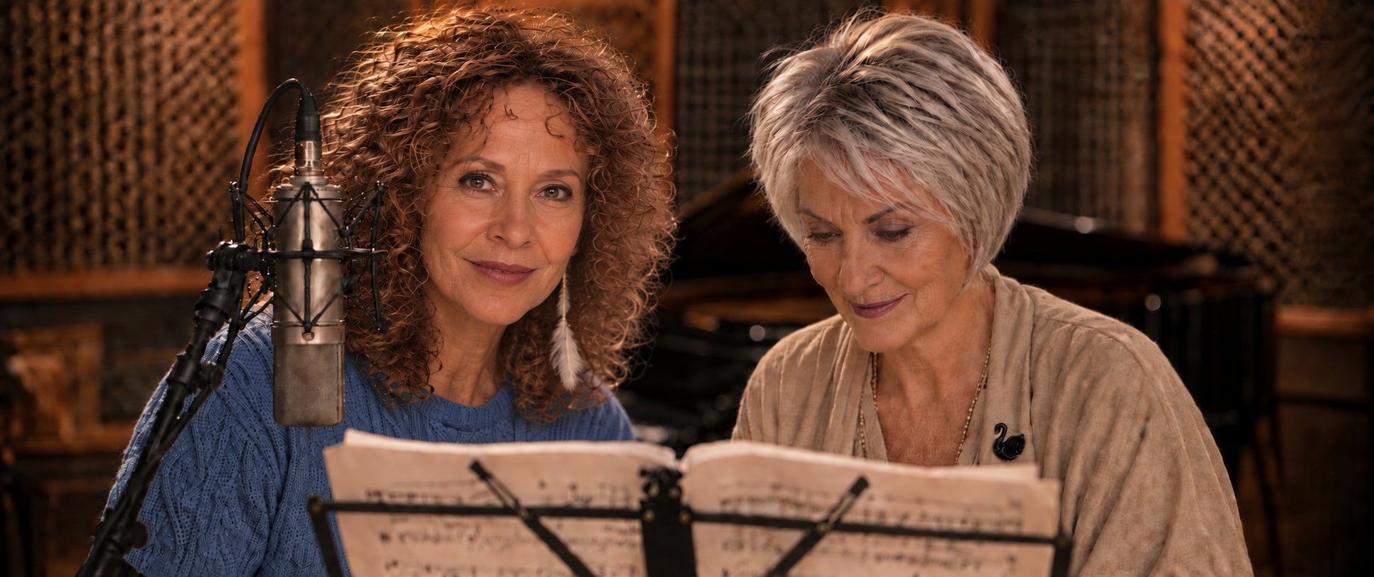 Lynn Rose Curtin and Marina Vita in the recording studio, reading a score together beside the microphone