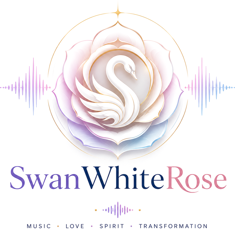 SwanWhiteRose — a white swan inside an opening rose. Music, love, spirit, transformation.